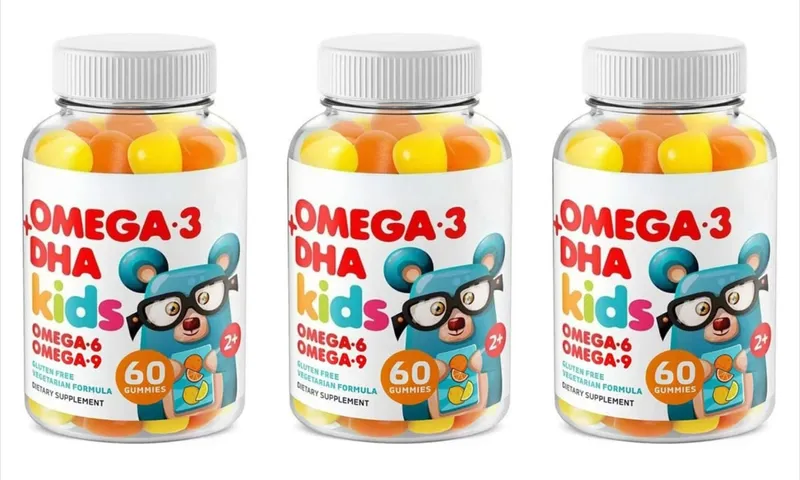 Kids Omega 3 DHA Gummies with Omega 6 & 9 Vitamin C for Brain Eye & Heart Support Vegetarian Gluten Free Ages 2+ 60 Count