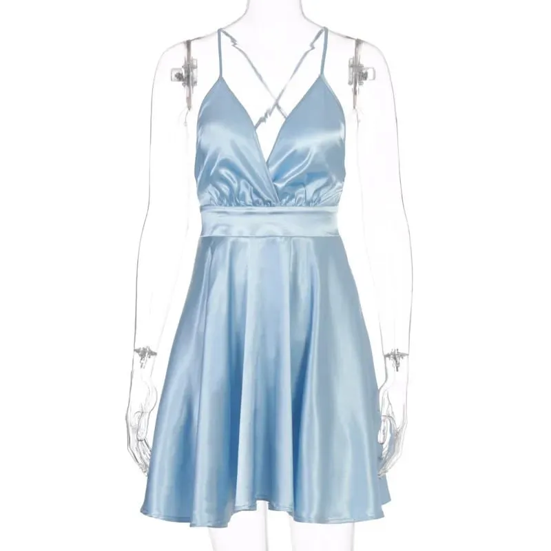 Summer Sexy 2000s European and American Solid Color V-neck Bow High Street Vintage style emo Strap Dress Strap A-line short Dres