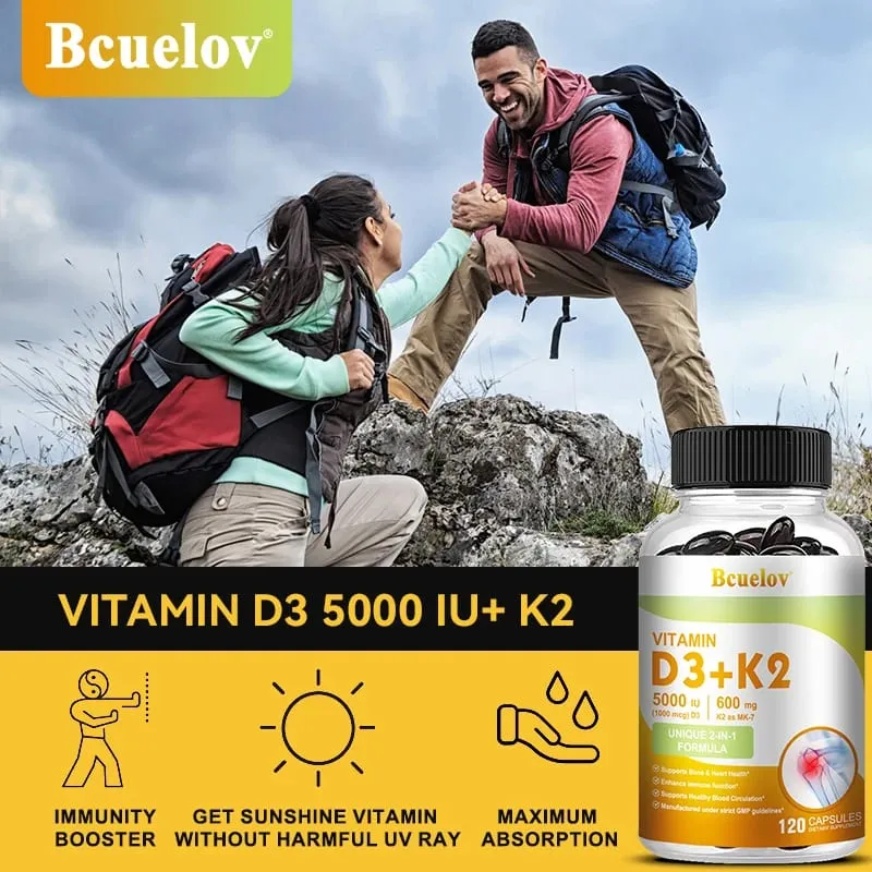Bcuelov Vitamin D3+K2 5000 IU Vitamin D3 formula bukan GMO yang mudah ditelan vitamin D dan K kompleks makanan tambahan