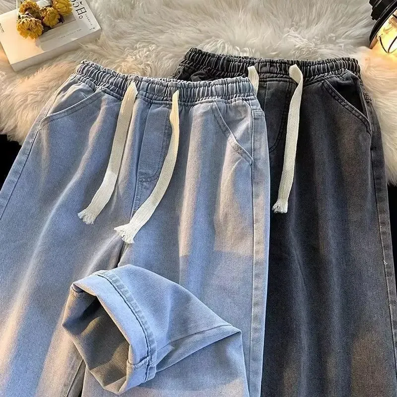 Elastic Waist Jeans Men's High Sense Straight Loose American High Street Retro