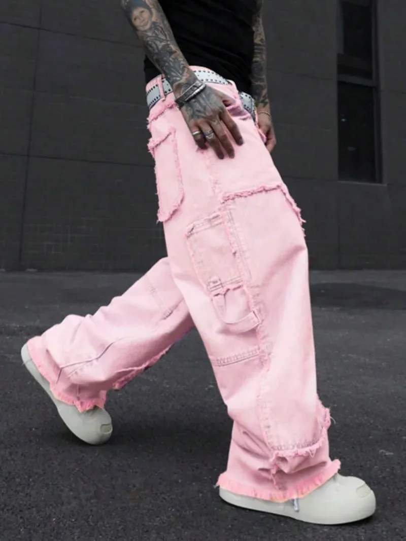 Pink Frayed Wide-Leg All-Season Cargo Denim Jeans