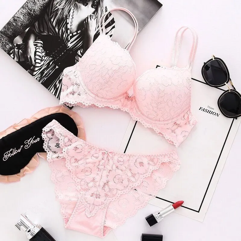 Push‑Up Bra With Panty Floral Lace Underwire Lingerie Set Double Straps Soft Breathable Multi‑Color Women Intimate Underwear
