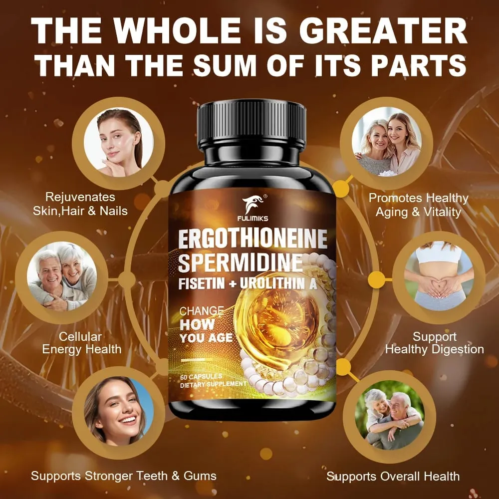 Ergothioneine & Spermidine Anti-Aging Capsules with Fisetin Urolithin A & PQQ Supports Cellular Health & Skin Rejuvenation