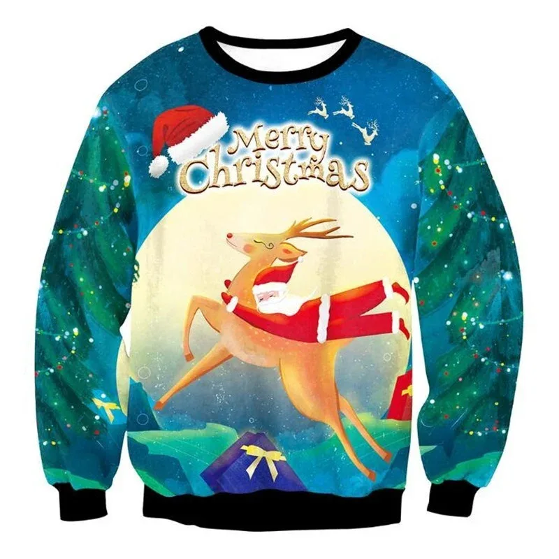 Festival Christmas Pattern Sweatshirts For Men Humping Reindeer 3D Printed Pullover Holiday Party O-Neck Hoodies Long Sleeves