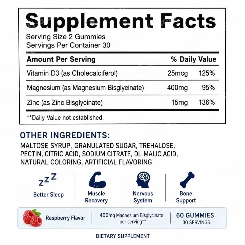 Magnesium Bisglycinate Gummies400mg Raspberry Flavor Supports Bone Health& Muscle Function Dietary Supplement for Adults60 Count