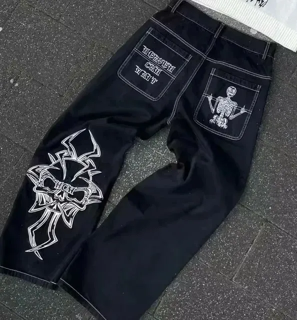 Black Winged Angel Skull Embroidered Baggy Denim Jeans Men Y2K Streetwear Vintage Oversized Cotton Casual Hip Hop Fashion Pants
