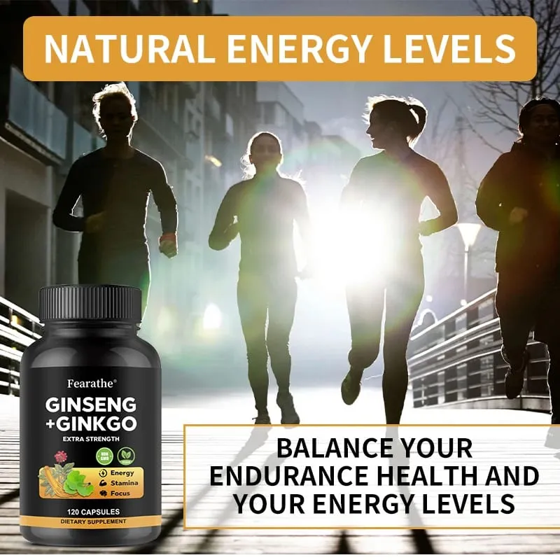Korean Red Panax Ginseng + Ginkgo Biloba Capsules - Energy Focus & Heart Health Support 5% Ginsenosides Vegan Non-GMO