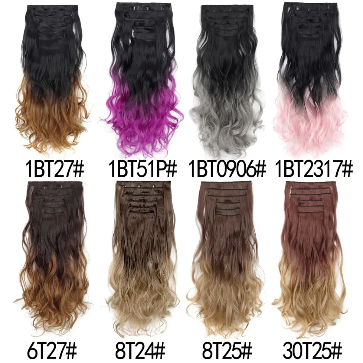 Clip in Hair Extension 6PCS Hairpiece 20Inch Long Wavy Synthetic Thick Double Weft Hair para sa Babae Gradient Color Pang-araw-araw na Paggamit