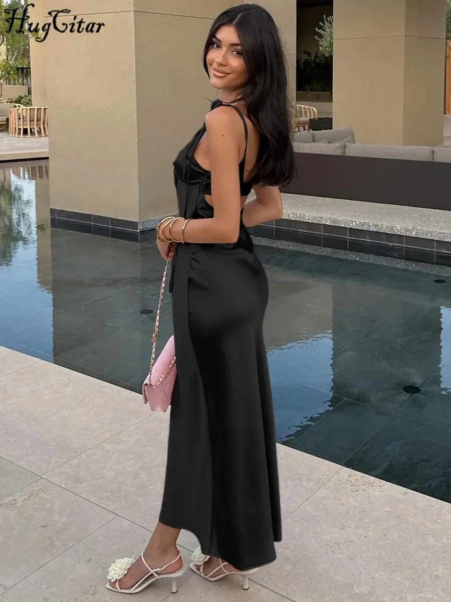 Hugcitar Col en V Solide Slips Dos Nu Évider À Lacets Sexy Moulante Maxi Robe De Bal D'été Femmes Tenues Élégantes Fête D'anniversaire