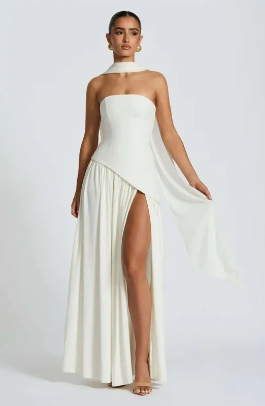 Elegant Off-shoulder Strapless Sexy Summer Party Women Gown Patchwork Pleat Scarf Neck Holiday Evening High Split Long Dresses