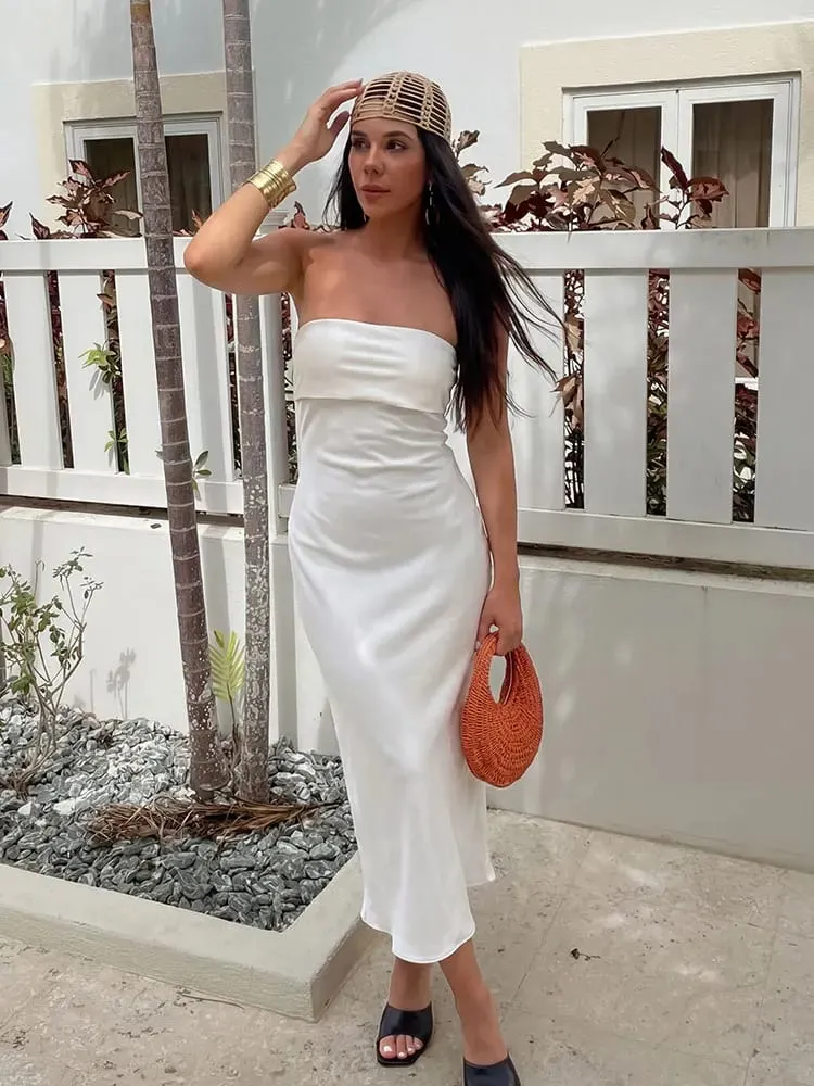 HH Elegant Strapless Maxi Dress for Women Sleeveless Off Shoulder Solid Bodycon Long Dresses Summer Casual Beach Party Evening