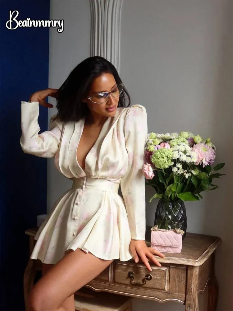 Mulheres mancha floral impresso com decote em v cintura cinched plissado mini vestido profundo decote em v manga longa botão-frente vestidos senhora festa robe — image 3