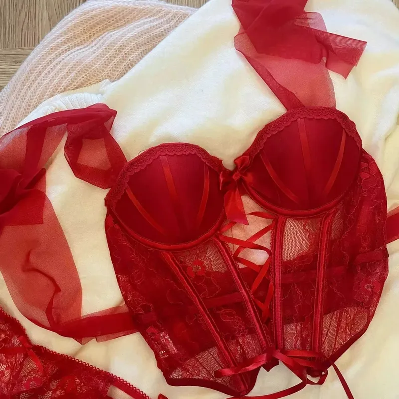 Lace Thin X Sexy Fishbone Bra Set with Small Chest Gathered and Anti Sagging Support Comfortable Soft Steel Ring Bra Set