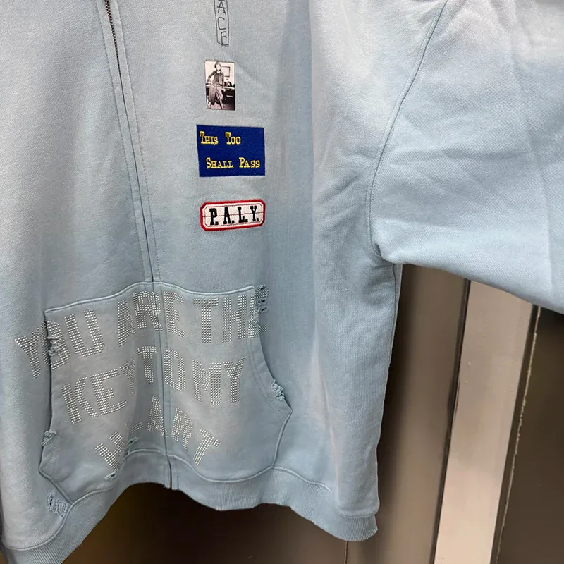 Light Blue PALY Letter Crystal Hoodie Ripped Washed Fashion Patch High Street Casual Men Women 1:1 Zipper Sweatshirts