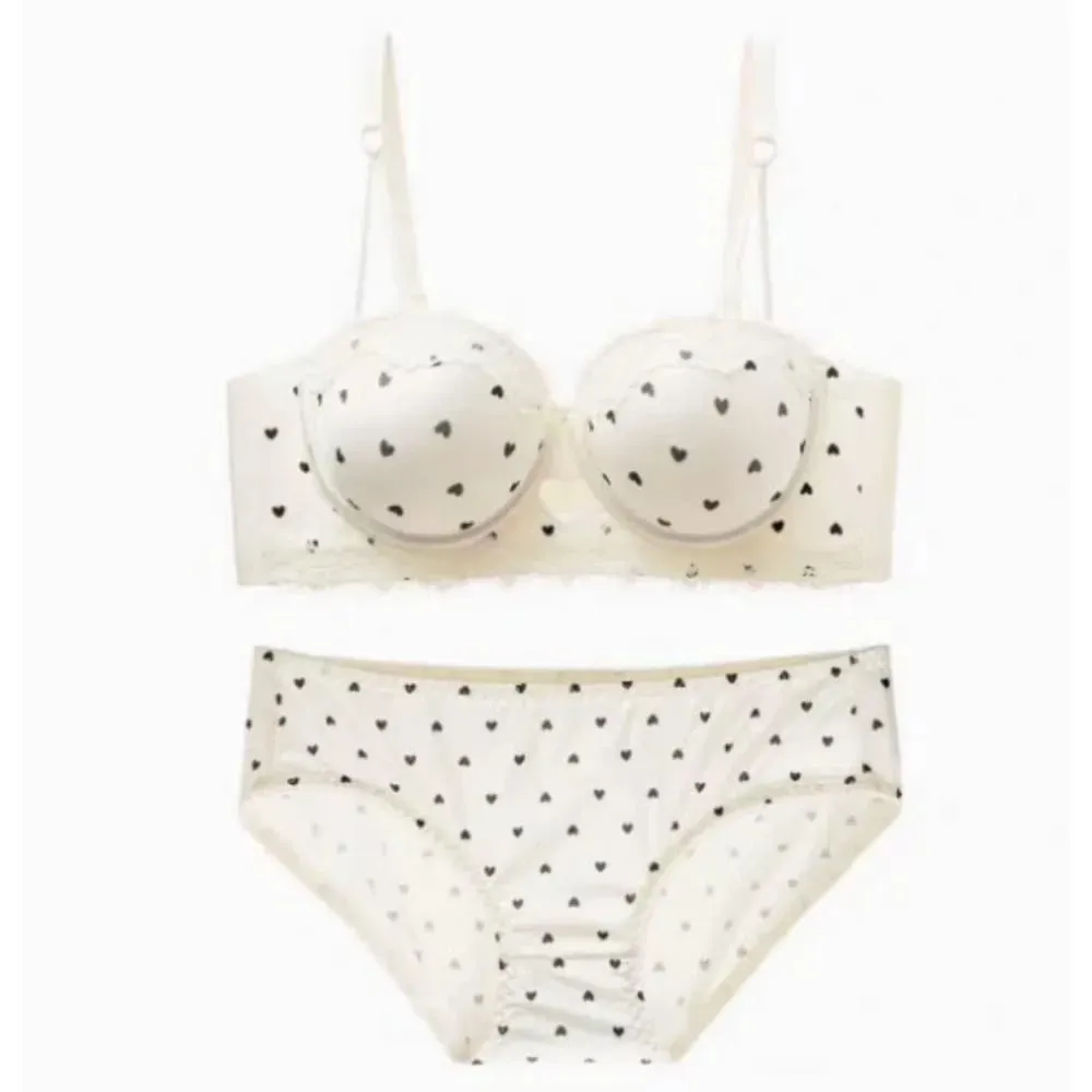 Sweet Girl Heart Lace Lingerie Set Push Up Bra For Small Bust Side Support Anti Sag Underwire Bra Briefs Soft Daily Wear 32-38AB
