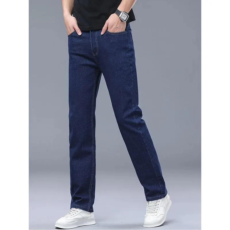 2026 New Comfortable Fabric Jeans Men Business Slim Fit Denim Pants Male Stylish Solid Color Straight Leg Casual Trousers