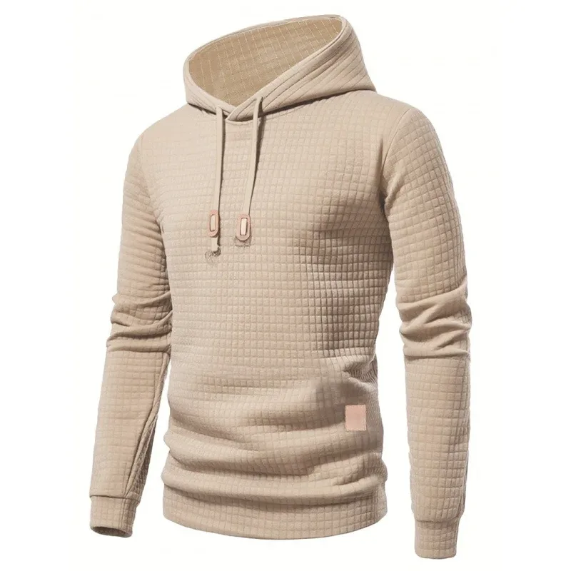 Men's Autumn Winter Jacquard Plaid Hoodie Long Sleeve Casual Pullover Fitness Running Sports Hooded Jacket Activewear Sweatshirt
