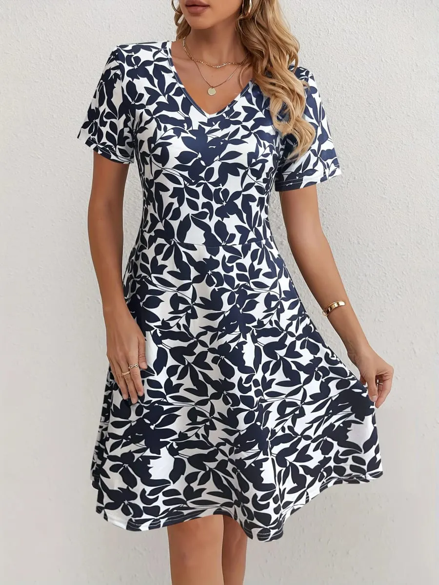 Women's Navy Blue Leaf Print Fit And Flare Dress Summer Casual V Neck Short Sleeve A Line Flowy Sundress