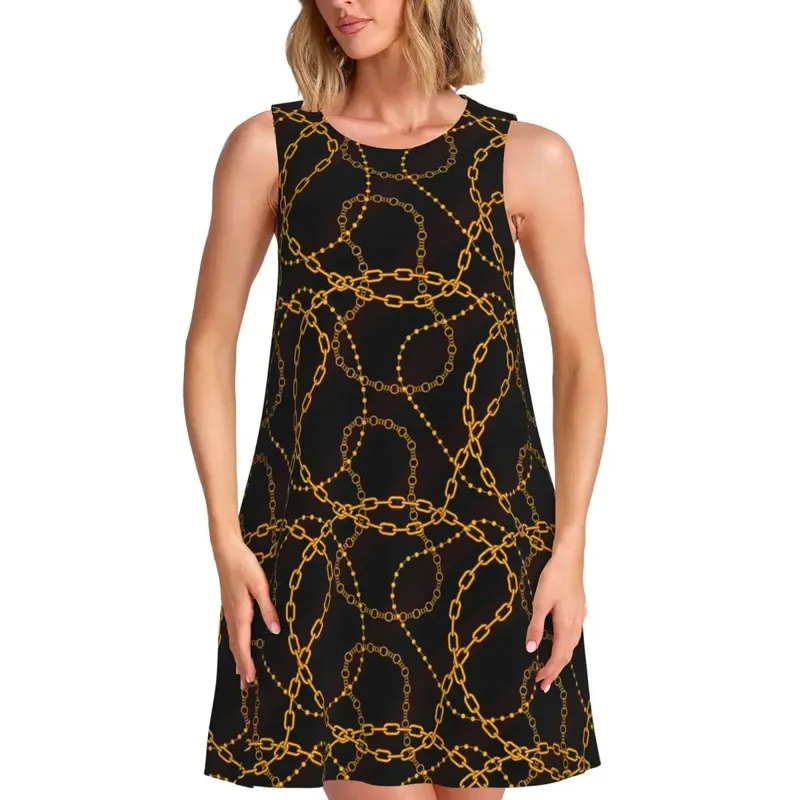 Gold Chain Casual Dress Vintage Print Korean Fashion Dresses Sleeveless Cute Dress Cheap Crew Neck Female Print Clothes