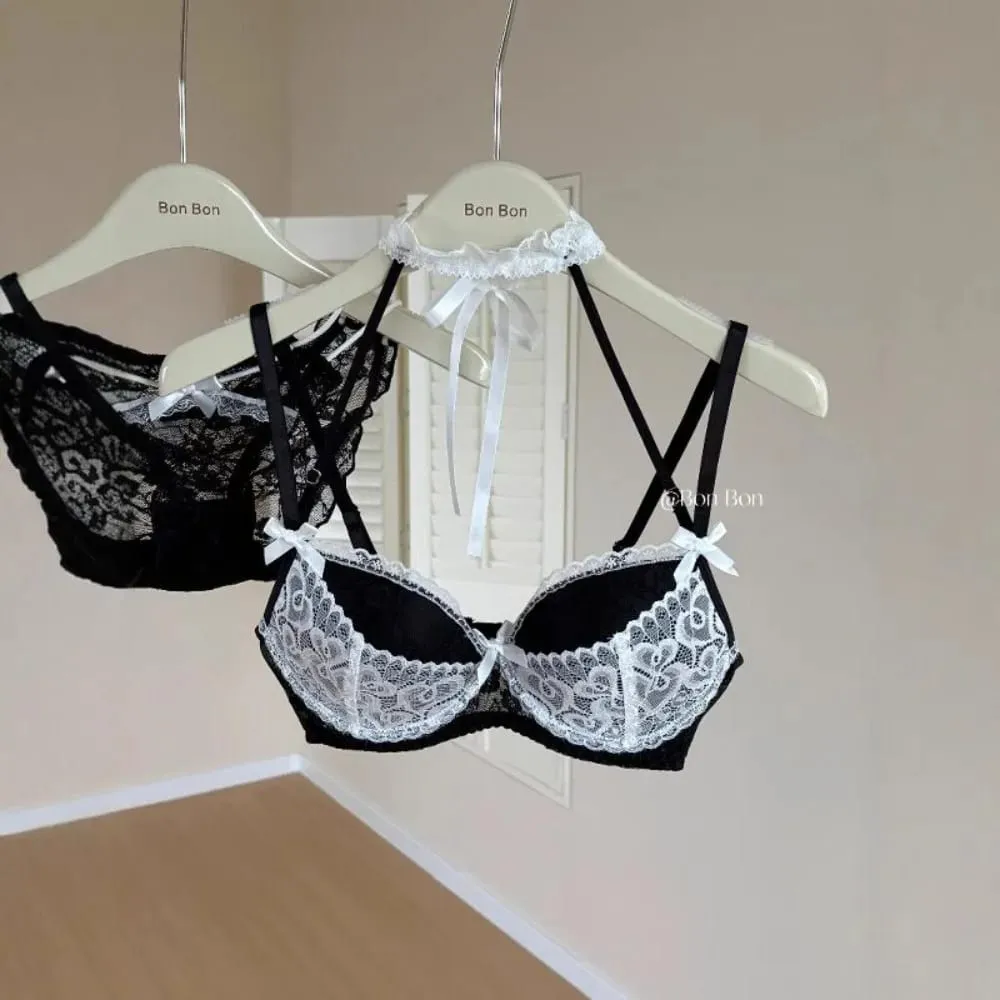French Lace Halter Neck Women Lingerie Set Push‑Up Bra Kit Soft Breathable Skin‑Friendly Underwear For Small Bust