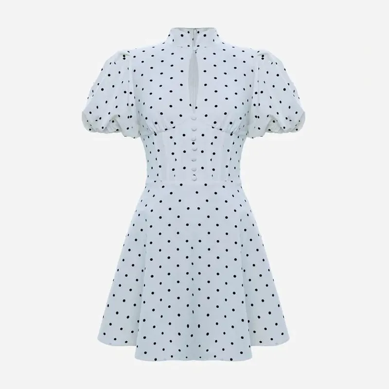Women Retro Polka Dot Mini A-line Dress Elegant Stand Collar Puff Short Sleeve Waist-cinching Dresses Lady Party Robe 2026 New