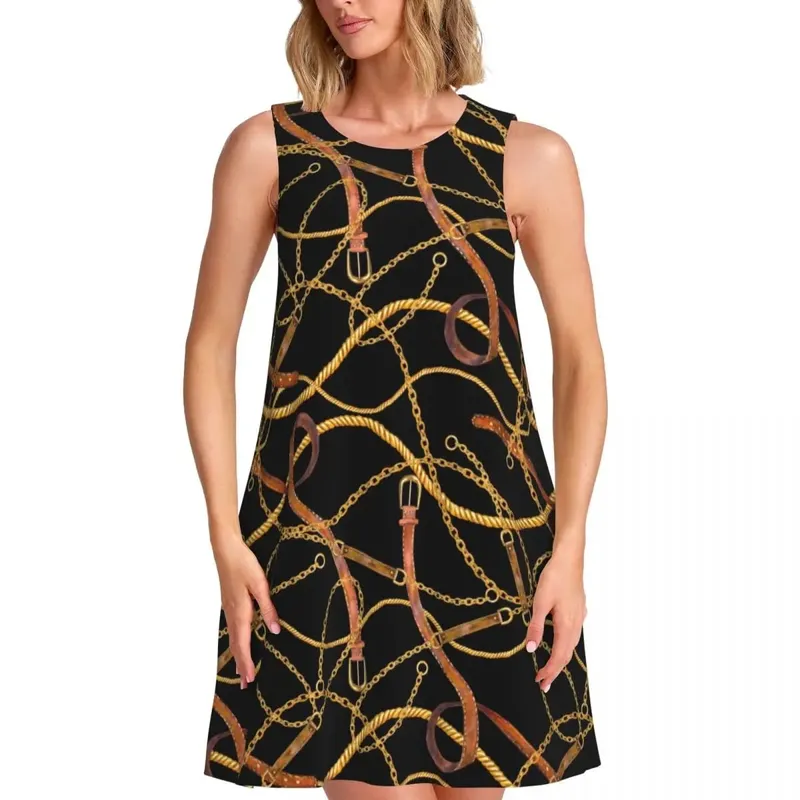 Gold Chain Casual Dress Vintage Print Korean Fashion Dresses Sleeveless Cute Dress Cheap Crew Neck Female Print Clothes