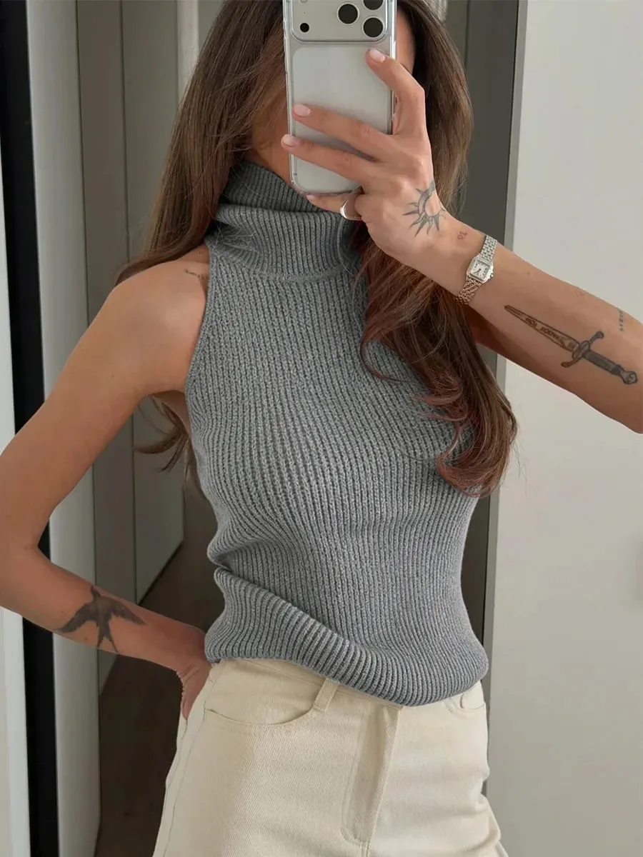 Solid Color Knit Sleeveless Tank Top Women High Neck Backless Slightly Fitted Cropped Vest Minimal Daily Fashion Casual Outfit