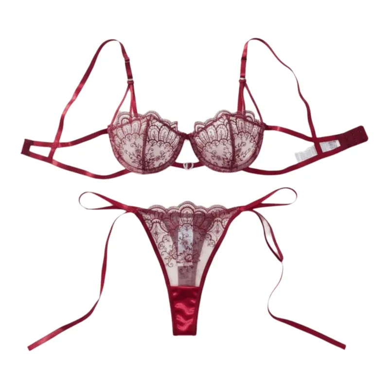 Bohemia Floral Embroidery Lace Lingerie Set Lace-up Mesh Transparent Thong Bra Suit Ultra-thin Hollowed-out Underwear Sets Lady