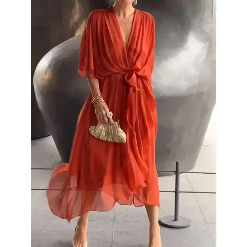 Stylish Elegant Chiffon Casual Solid Lace Up Dress Women V-Neck Bat Sleeves Irregulares Midi Dresses Summer Resort Wear
