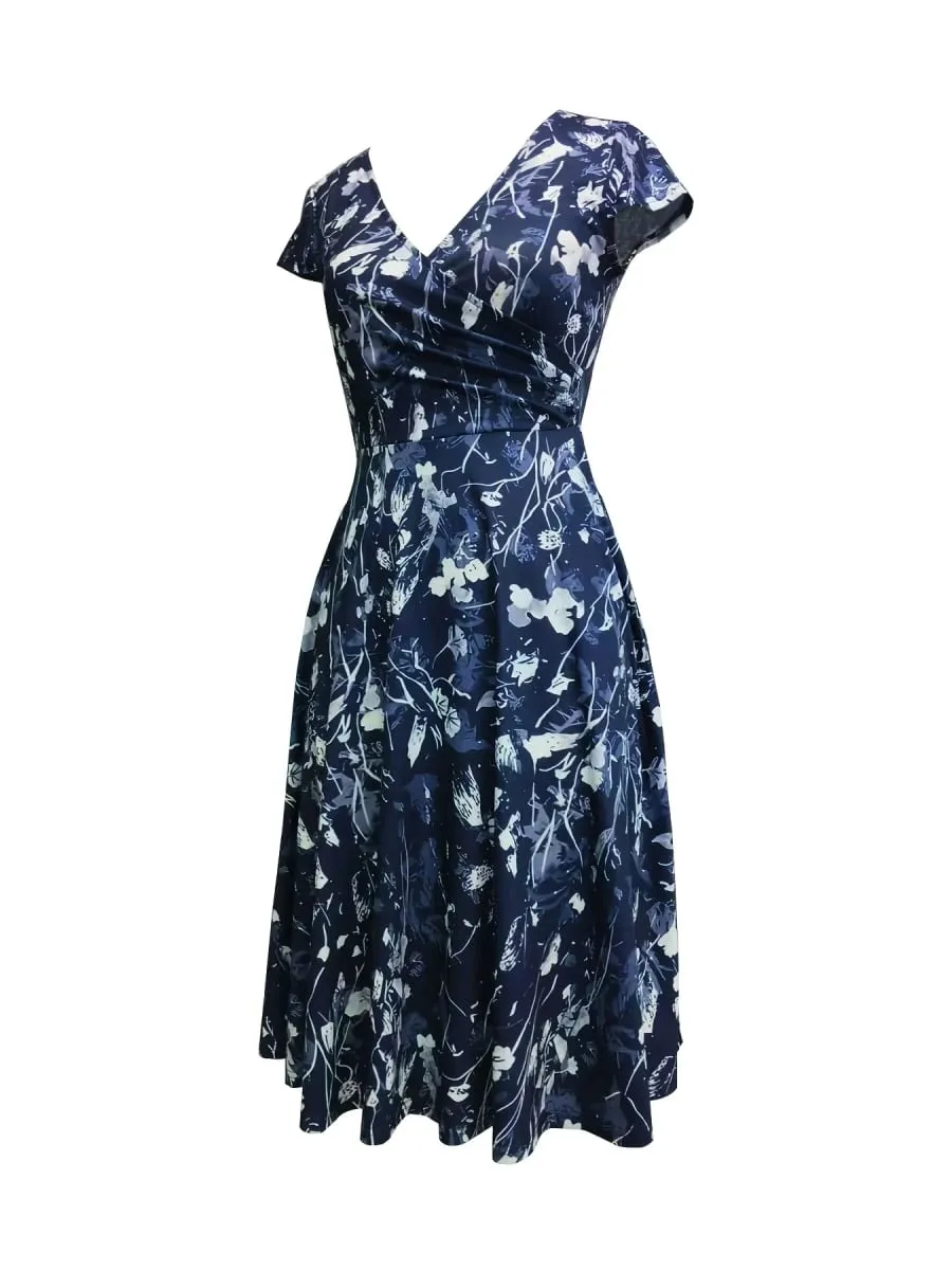 Elegant Floral Printed V-Neck Mid-Length Pocket Dress Polyester Blends for Spring Summer Autumn Three Season Women's Dress