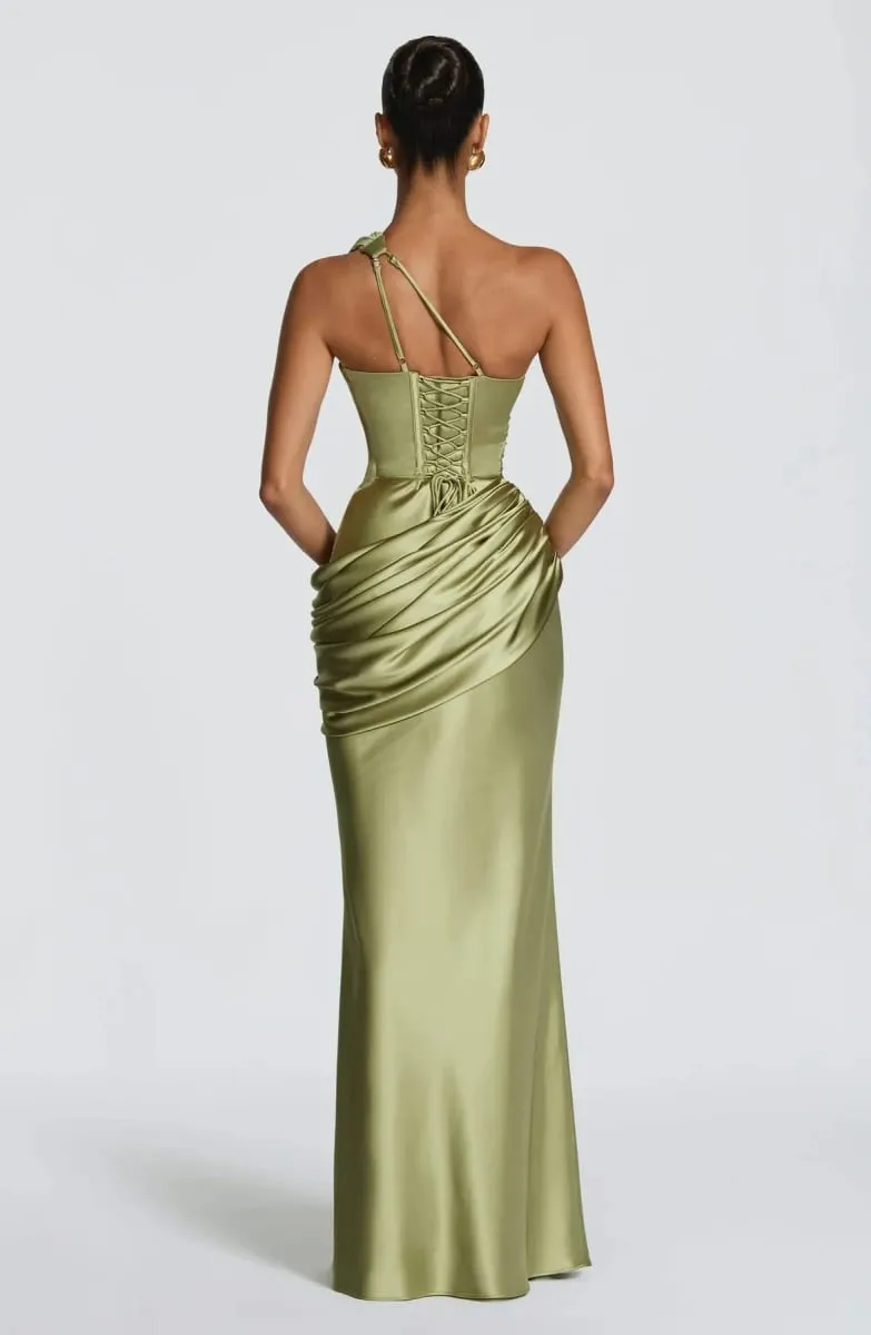 Women Green Ruched Elegant Satin Maxi Dress Mermaid One-shoulder Cutout Slim Fit Flowy Vestido 2026 Lady Summer Evening Vestidos