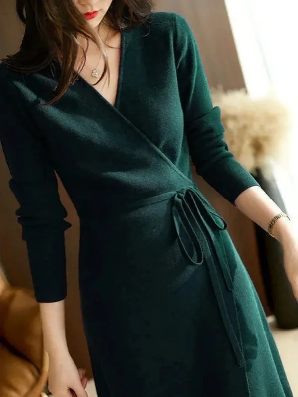 Robe pull à col en v pour femme, vêtement ample et élégant, Version coréenne, jupe tricotée, automne et hiver