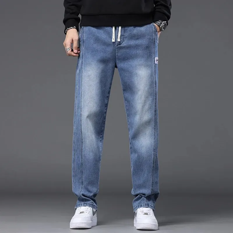 Autumn Winter Blue Jeans Men Drawstring Elastic Waist Cotton Cargo Denim Pants Work Fashion Thick Trousers Male Plus Size M-4XL