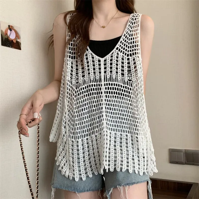 Boho Crochet Top Hollow-out Lace Sleeveless Knitted Tank Cami Women Summer Camisole Beach Cover-Up Resort Wear — image 3