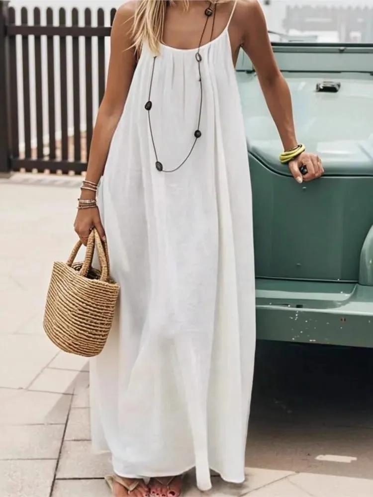 2026 Summer New Casual Seaside Vacation Women Long Skirt Fashionable Solid Color Sexy Suspender Backless Loose Dress Large Size — image 2