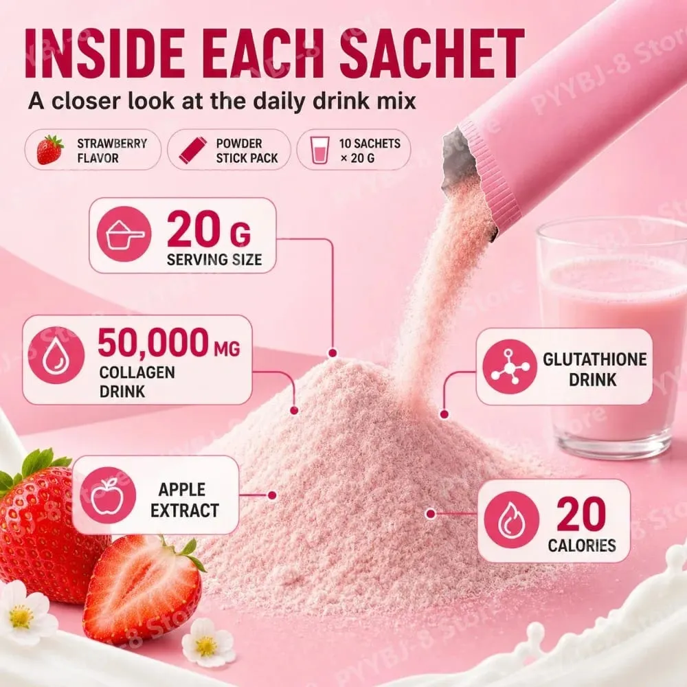 Strawberry Collagen Glutathione Drink Mix with Apple Extract for Skin Glow Support 10 Powder Sachets x 20g Net 200g