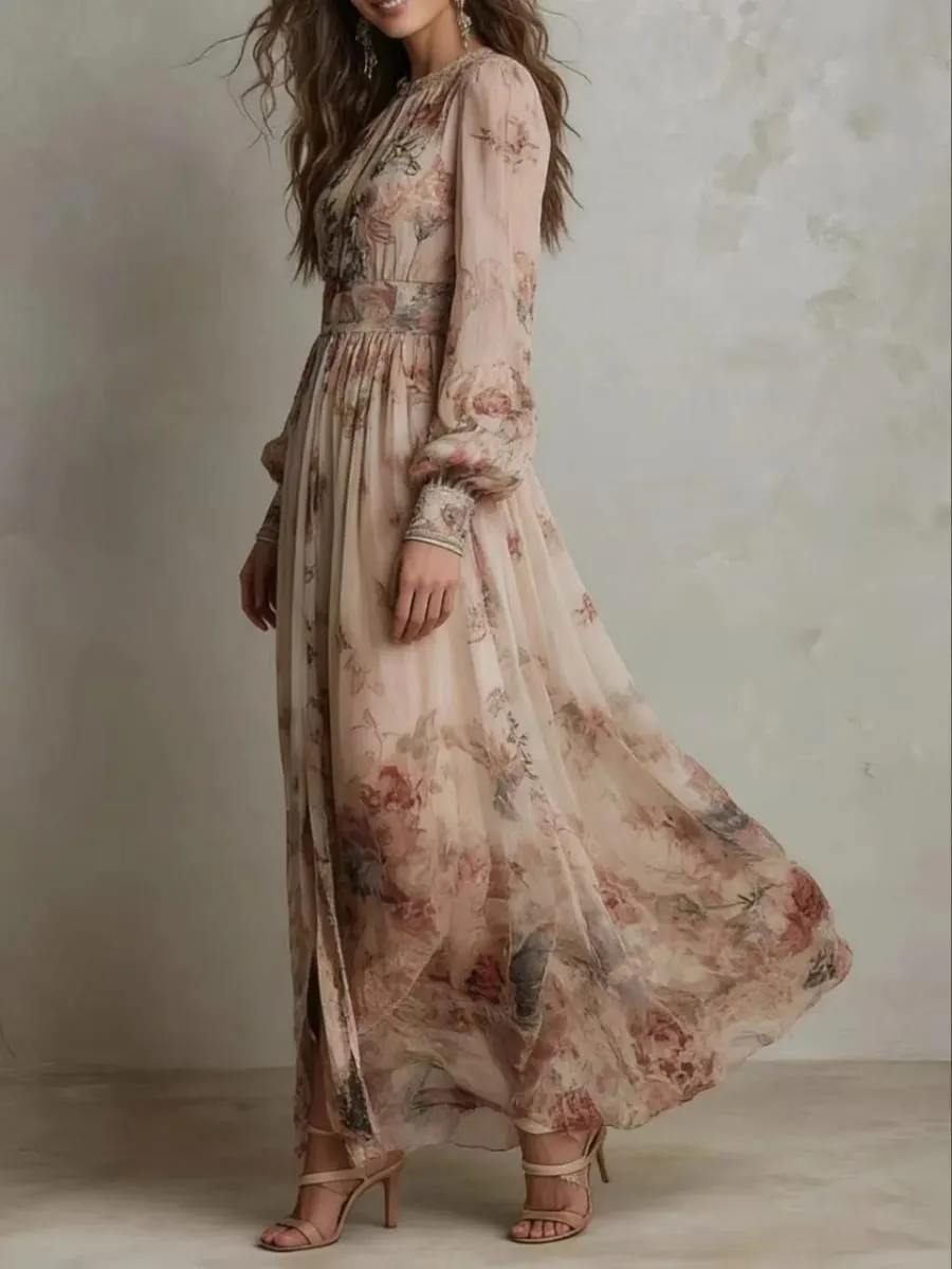 Elegant Long Sleeve Chiffon Long Dresses For Women 2026 Fashion Floral Print Slim Party Maxi Dress Casual