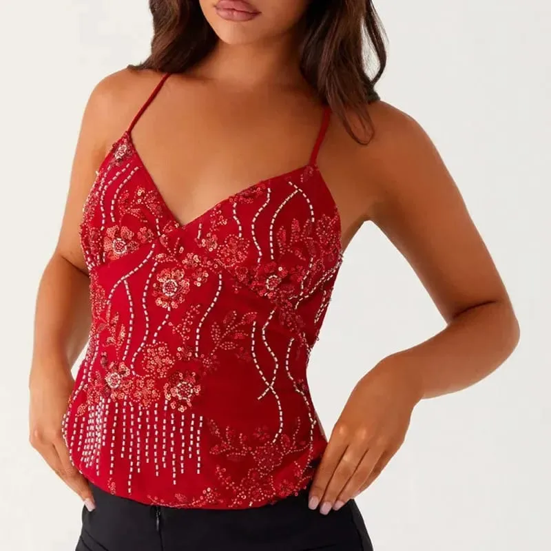 2025 เลื่อมลูกปัด Cami ชุดมินิเซ็กซี่ด้านหน้า V คอสั้นชุดผู้หญิง Backless Criss CROSS STRAPS ชุด