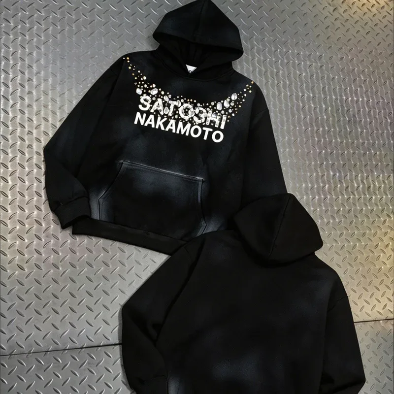 Hoodies Pullover 26ss Vintage Embroidery Leather Pattern Glittering Diamond Print Men's Hooded Hip Hop Style Sweatshirts