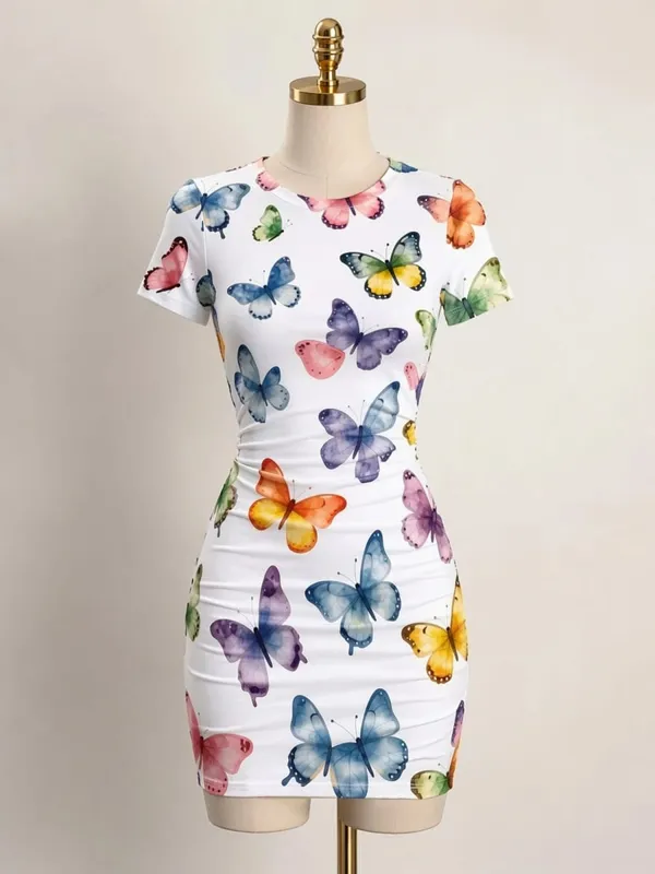 Womens Short Sleeve Bodycon Mini Dress Slim Fit Crew Neck Floral Print Casual Summer Party Cute Elegant Brunch Vacation Sundress