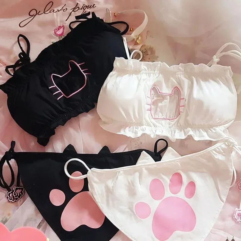 Japanese Anime Cat Girl Cosplay Bra Panties Set Women Sexy Lingerie Underwear Intimates Kawaii Lolita Hollow Out Kitty Nightwear