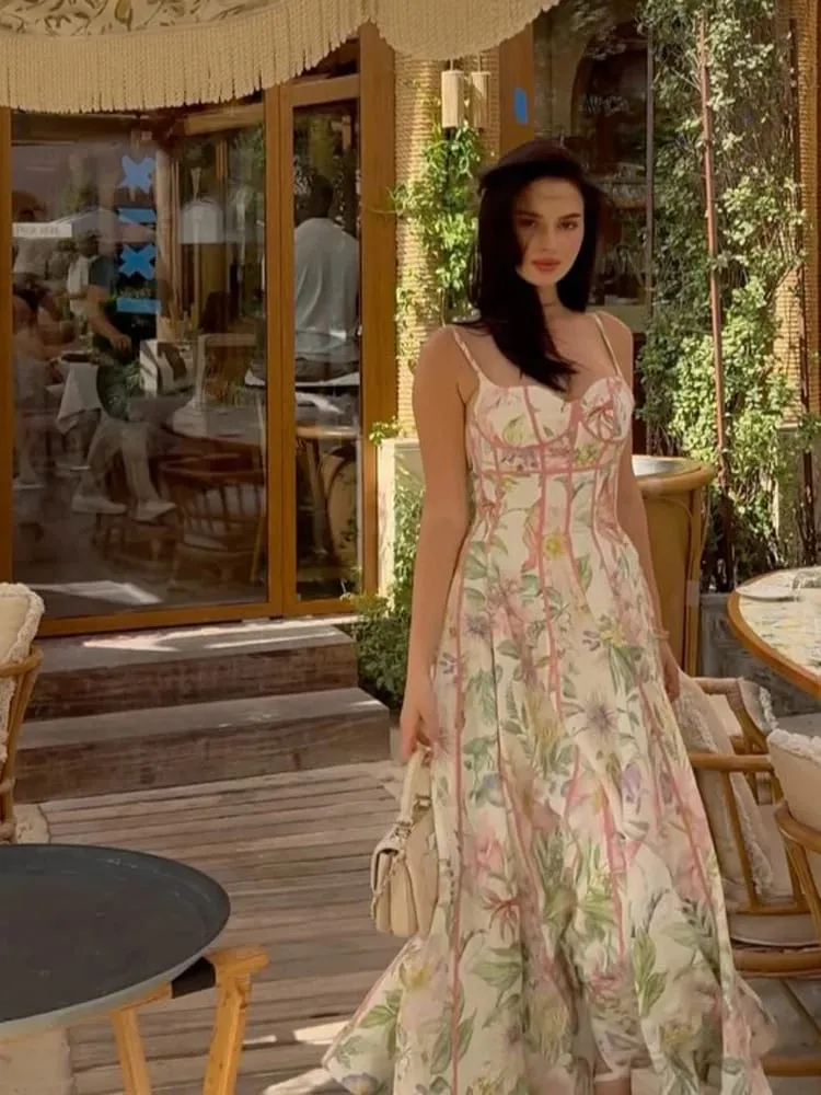 Printed Sleeveless Halter Long Dress Women Chic Waist Cinching A-line Sling Slim Fit Dresses Lady Spring Summer Vacation Gown