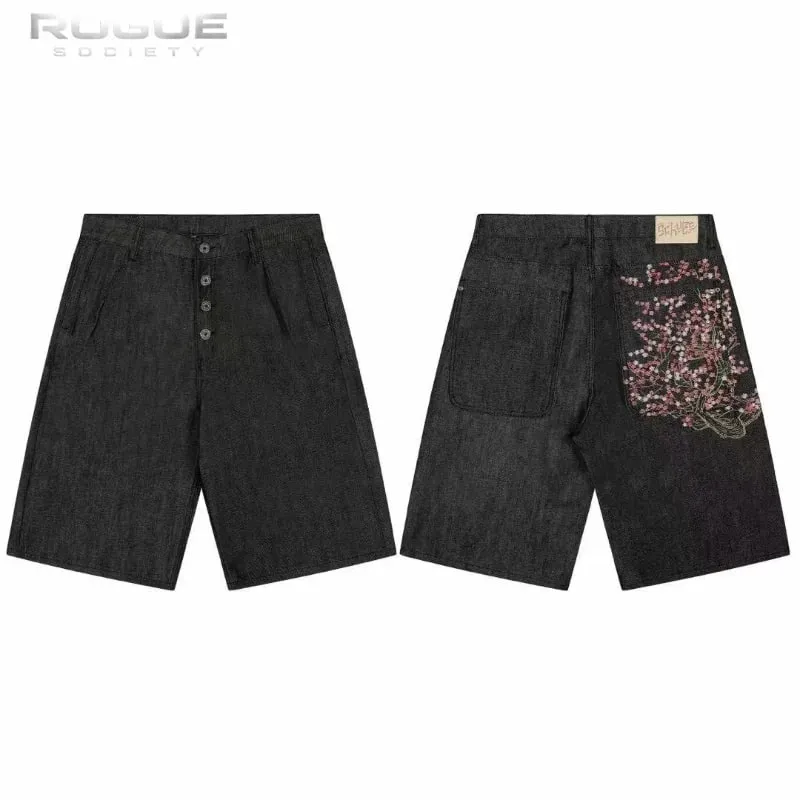 Summer Urban Hip Hop Denim Jorts Vintage Streetwear Y2k Embroidery Graphic Washed Baggy Denim Shorts Men Wide Leg Harajuku Jeans