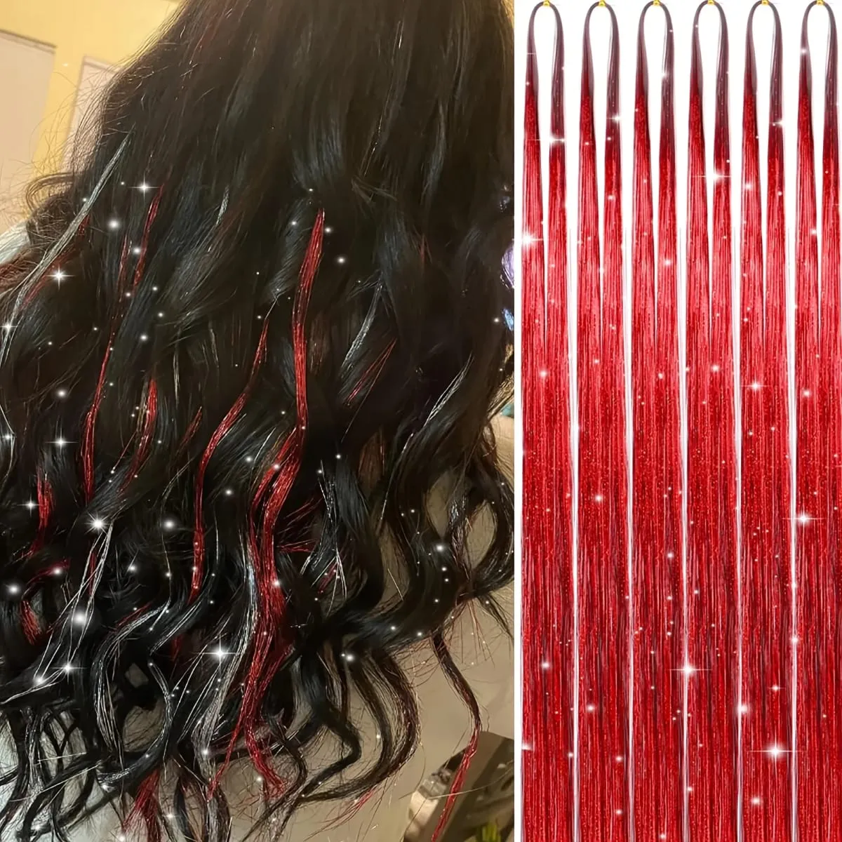 6pcs 22inch Colorful Glitter Tinsel Hair Extensions Fairy Hair Extension Hair Extension Tinsel Glitter Hair Synthetic Extensions