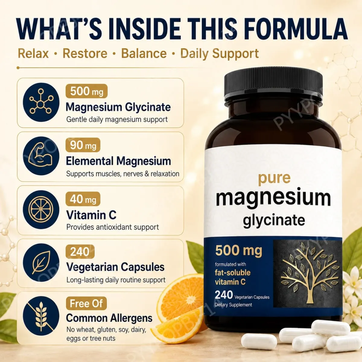 Pure Magnesium Glycinate 500mg Capsules with Vitamin C Supports Relaxation Muscle Nerve Health Bone Support 240 Capsules