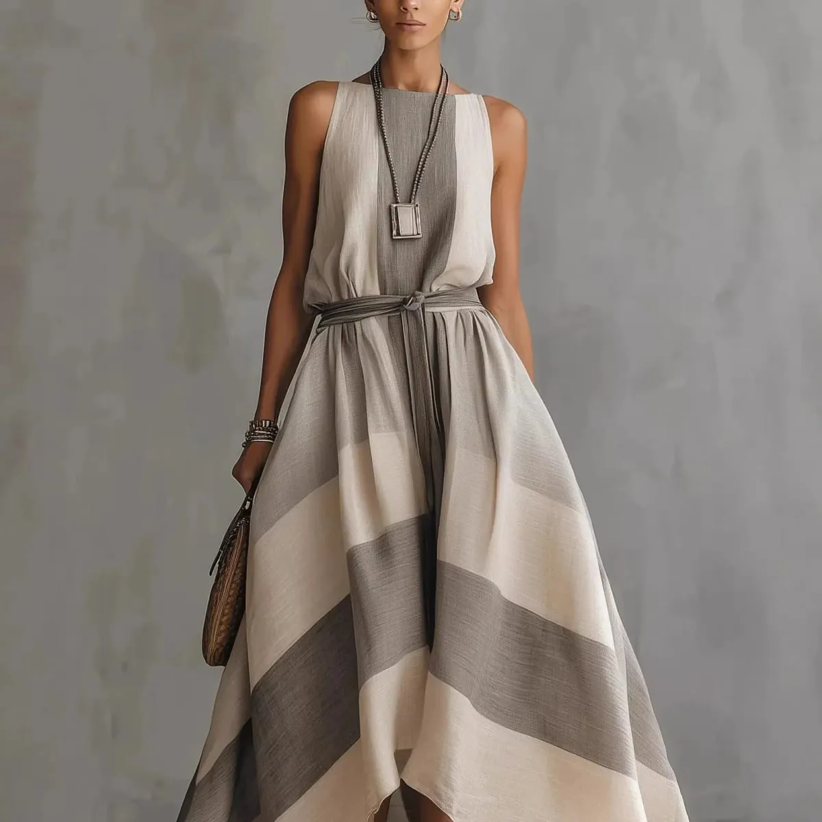 Summer New Irregular Maxi Dresses Women's Fashion O Neck Striped Sleeveless Big Hem Dress Casual Solid Loose Party Beach Dress