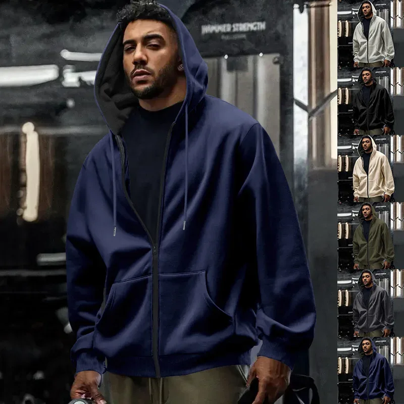 New 2026 Men's Autumn Casual Solid Long Sleeve Zipper Hooded Sweatshirt Coat Male Fashion Outdoors Sportswear Hoodies Jackets