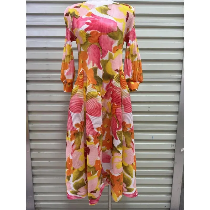 Miyake Plissee Kleider 2026 Herbst Neue Sanfte Französisch Druck Elegante Stretch Plus Größe frauen Langarm Bounce Blume Knospe kleid