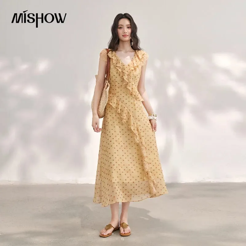 Women's Vintage Polka Dot Midi Dress 2026 Summer French V Neck Lace Ruffle Dress Sleeveless Slim Long Dresses MXF29L2745