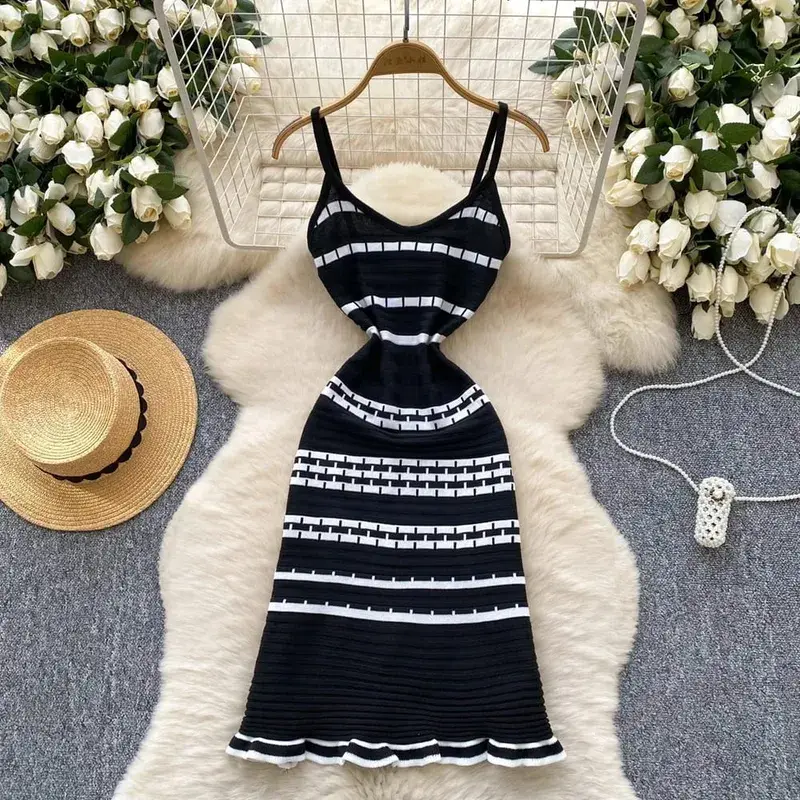 YuooMuoo Chic Fashion A-line Short Women Dress Ins Hot Y2K Geometric Knitted Summer Dress Streetwear Korean Lady Party Vestidos